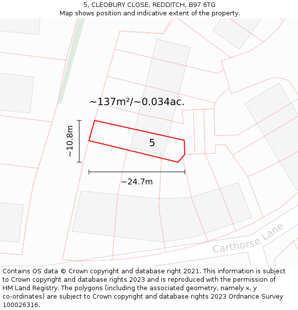 5, CLEOBURY CLOSE, REDDITCH, B97 6TG: Plot and title map