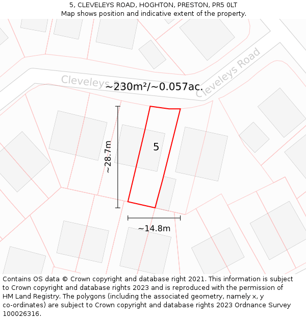 5, CLEVELEYS ROAD, HOGHTON, PRESTON, PR5 0LT: Plot and title map