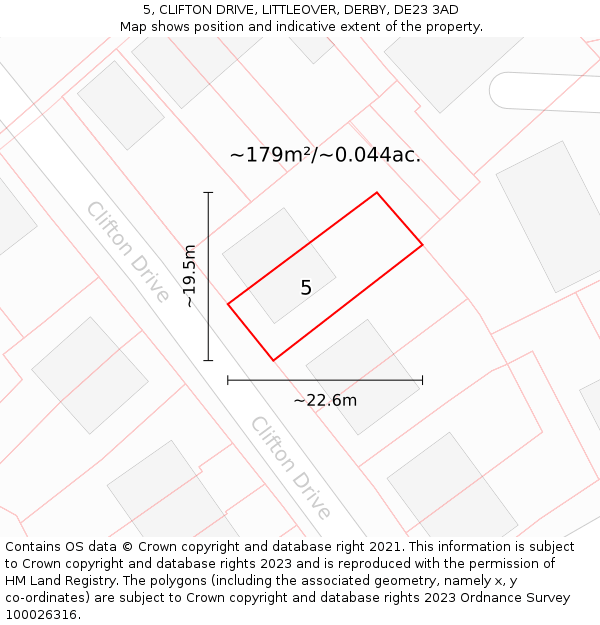 5, CLIFTON DRIVE, LITTLEOVER, DERBY, DE23 3AD: Plot and title map