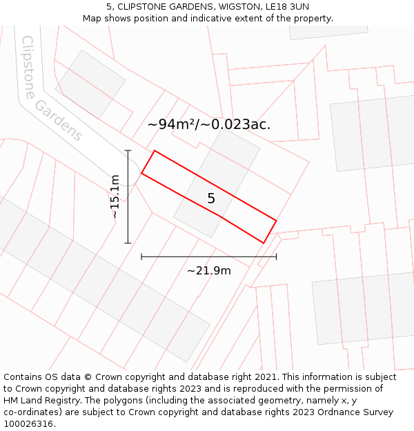 5, CLIPSTONE GARDENS, WIGSTON, LE18 3UN: Plot and title map