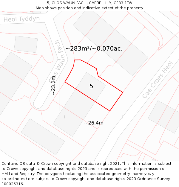 5, CLOS WAUN FACH, CAERPHILLY, CF83 1TW: Plot and title map