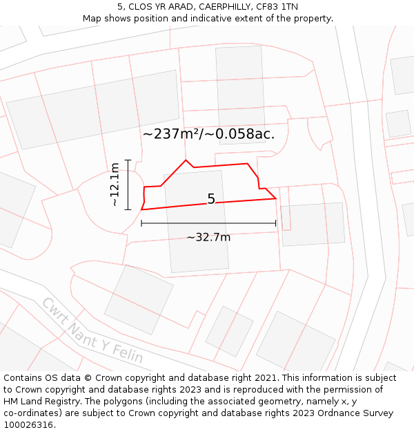 5, CLOS YR ARAD, CAERPHILLY, CF83 1TN: Plot and title map