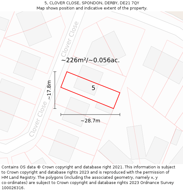 5, CLOVER CLOSE, SPONDON, DERBY, DE21 7QY: Plot and title map