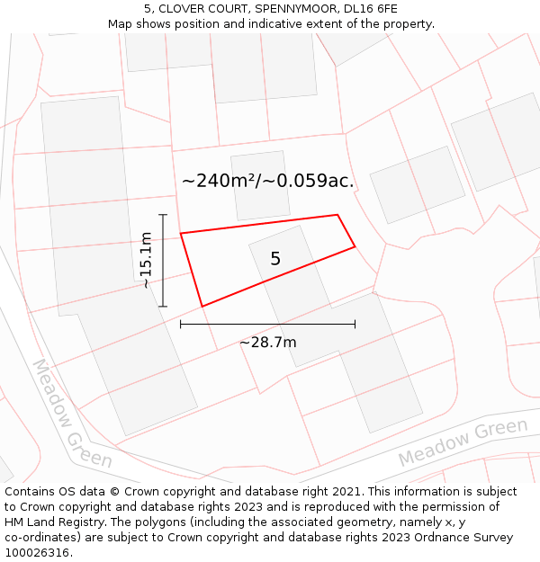 5, CLOVER COURT, SPENNYMOOR, DL16 6FE: Plot and title map