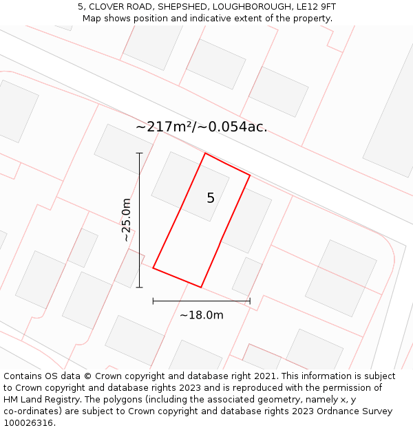 5, CLOVER ROAD, SHEPSHED, LOUGHBOROUGH, LE12 9FT: Plot and title map