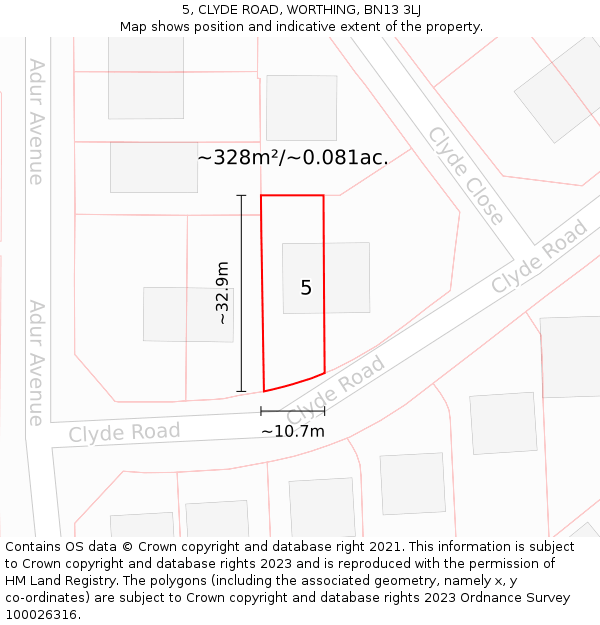 5, CLYDE ROAD, WORTHING, BN13 3LJ: Plot and title map