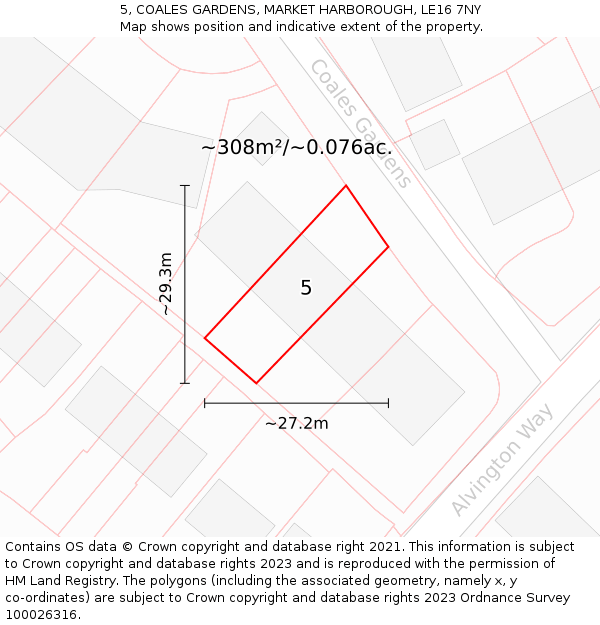 5, COALES GARDENS, MARKET HARBOROUGH, LE16 7NY: Plot and title map