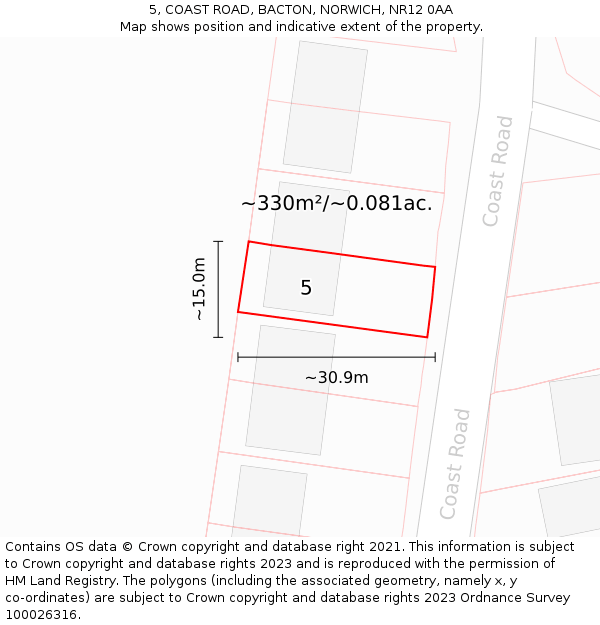 5, COAST ROAD, BACTON, NORWICH, NR12 0AA: Plot and title map