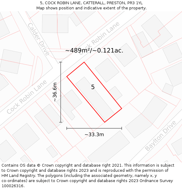 5, COCK ROBIN LANE, CATTERALL, PRESTON, PR3 1YL: Plot and title map