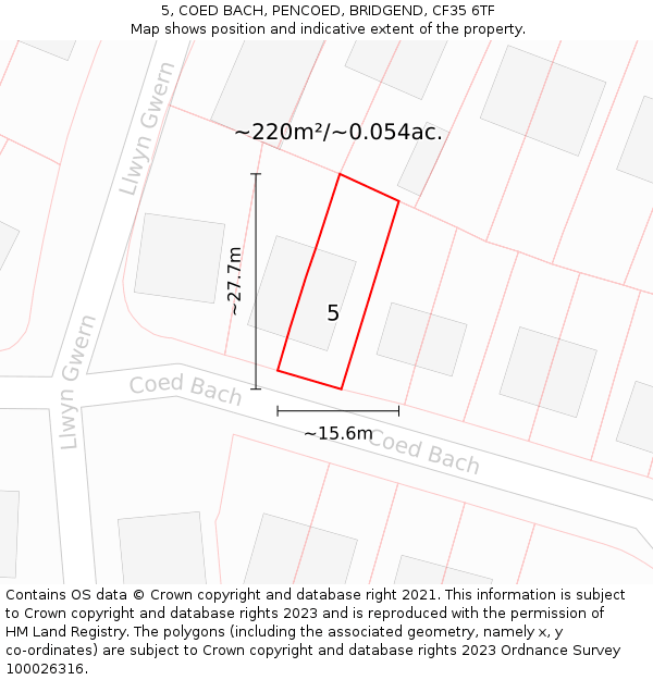 5, COED BACH, PENCOED, BRIDGEND, CF35 6TF: Plot and title map