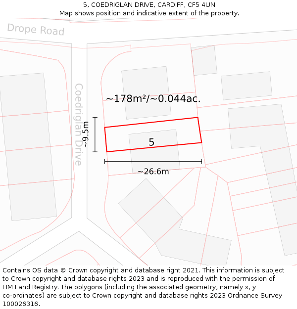 5, COEDRIGLAN DRIVE, CARDIFF, CF5 4UN: Plot and title map