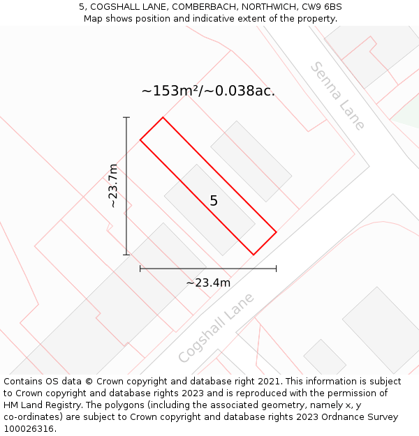 5, COGSHALL LANE, COMBERBACH, NORTHWICH, CW9 6BS: Plot and title map