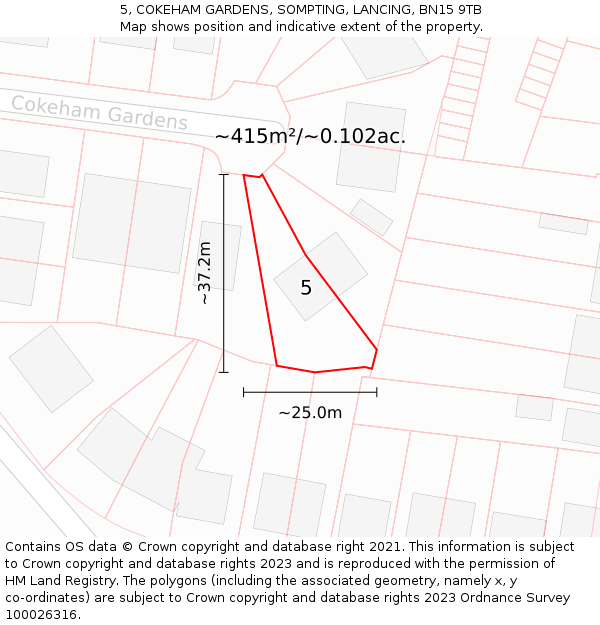 5, COKEHAM GARDENS, SOMPTING, LANCING, BN15 9TB: Plot and title map