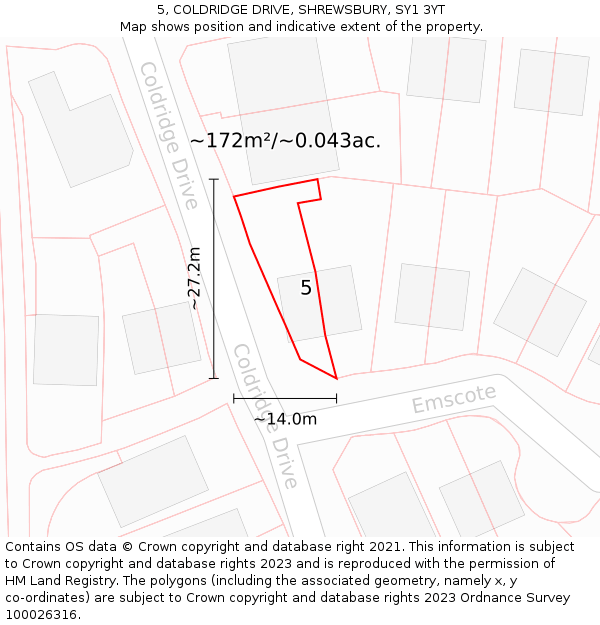 5, COLDRIDGE DRIVE, SHREWSBURY, SY1 3YT: Plot and title map