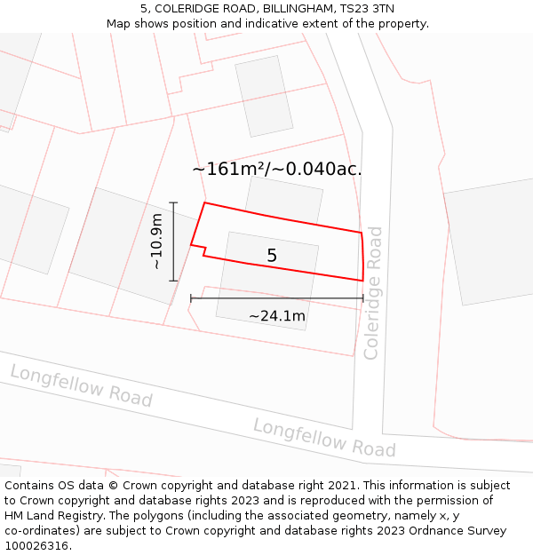 5, COLERIDGE ROAD, BILLINGHAM, TS23 3TN: Plot and title map