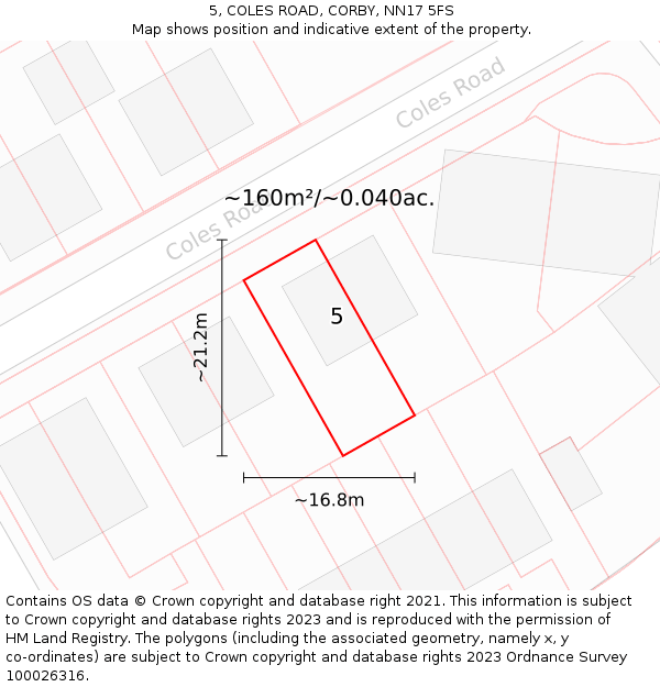 5, COLES ROAD, CORBY, NN17 5FS: Plot and title map