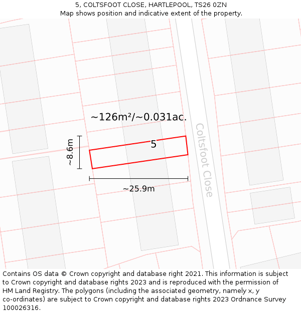 5, COLTSFOOT CLOSE, HARTLEPOOL, TS26 0ZN: Plot and title map