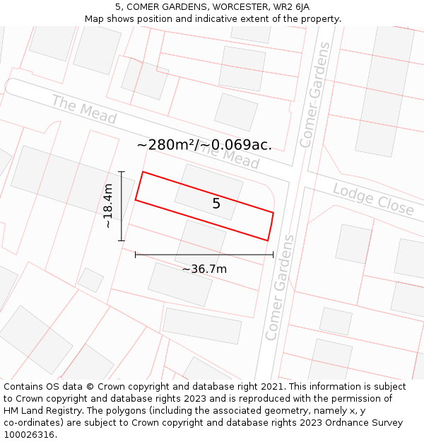 5, COMER GARDENS, WORCESTER, WR2 6JA: Plot and title map