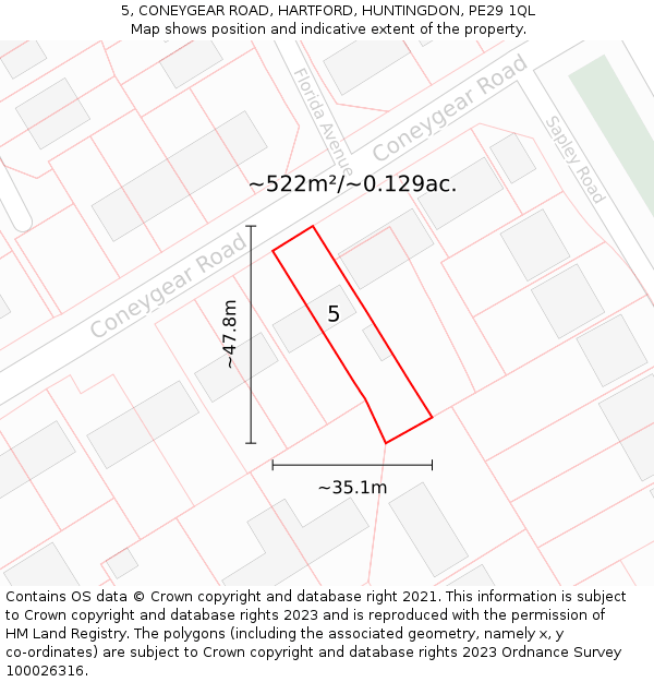 5, CONEYGEAR ROAD, HARTFORD, HUNTINGDON, PE29 1QL: Plot and title map