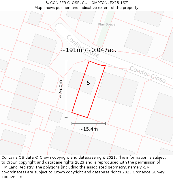 5, CONIFER CLOSE, CULLOMPTON, EX15 1SZ: Plot and title map