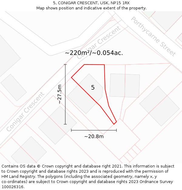 5, CONIGAR CRESCENT, USK, NP15 1RX: Plot and title map
