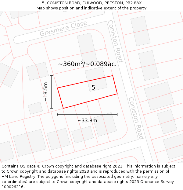 5, CONISTON ROAD, FULWOOD, PRESTON, PR2 8AX: Plot and title map