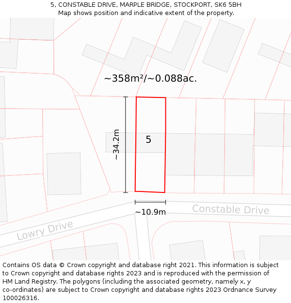 5, CONSTABLE DRIVE, MARPLE BRIDGE, STOCKPORT, SK6 5BH: Plot and title map