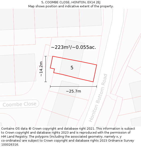 5, COOMBE CLOSE, HONITON, EX14 2EJ: Plot and title map