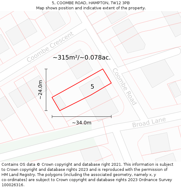 5, COOMBE ROAD, HAMPTON, TW12 3PB: Plot and title map