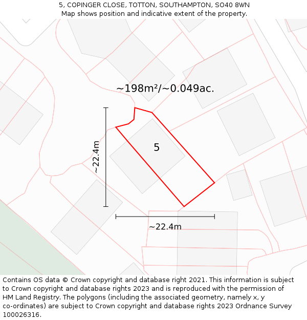 5, COPINGER CLOSE, TOTTON, SOUTHAMPTON, SO40 8WN: Plot and title map