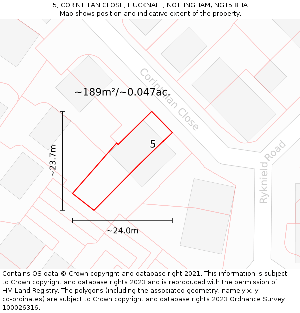 5, CORINTHIAN CLOSE, HUCKNALL, NOTTINGHAM, NG15 8HA: Plot and title map