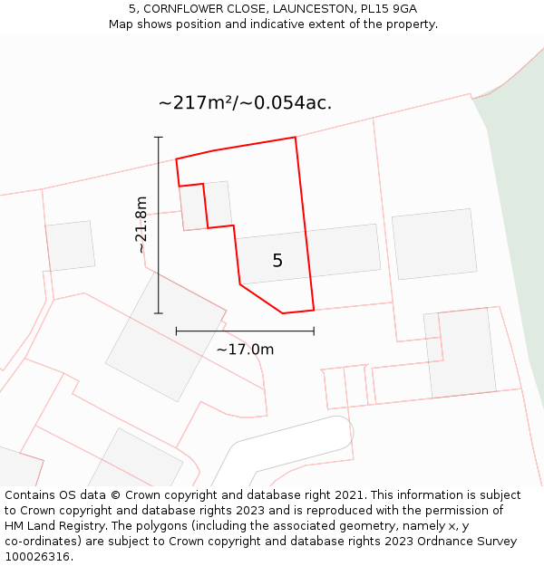 5, CORNFLOWER CLOSE, LAUNCESTON, PL15 9GA: Plot and title map
