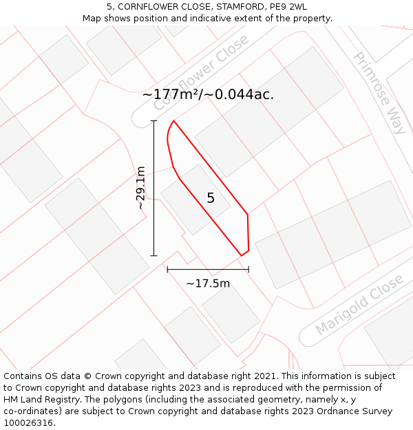 5, CORNFLOWER CLOSE, STAMFORD, PE9 2WL: Plot and title map