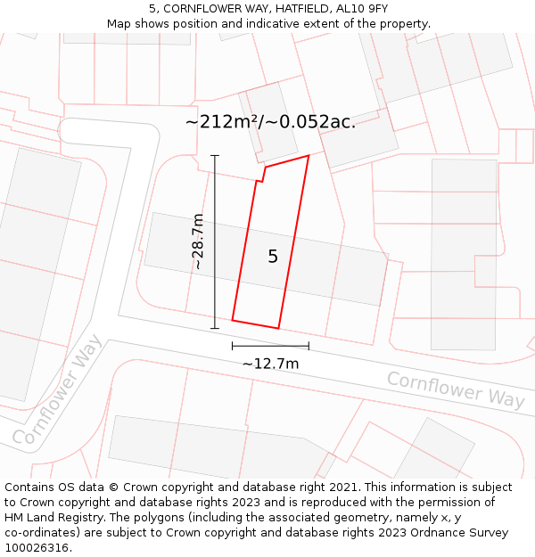 5, CORNFLOWER WAY, HATFIELD, AL10 9FY: Plot and title map