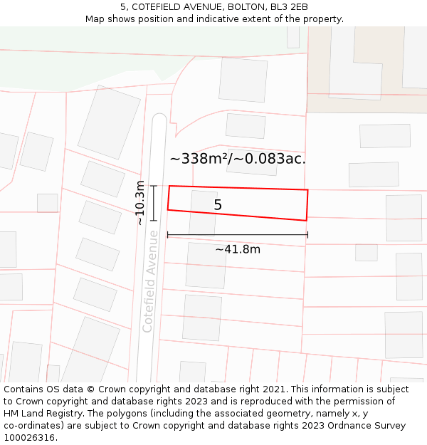 5, COTEFIELD AVENUE, BOLTON, BL3 2EB: Plot and title map