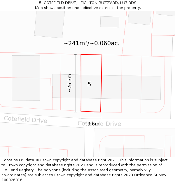 5, COTEFIELD DRIVE, LEIGHTON BUZZARD, LU7 3DS: Plot and title map