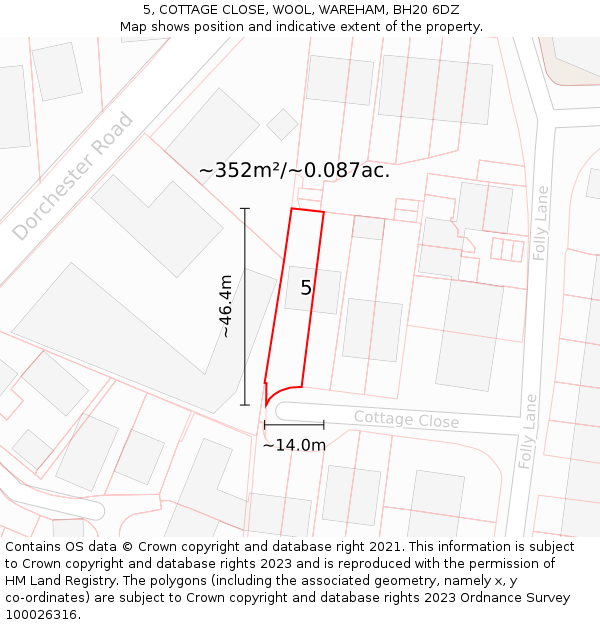 5, COTTAGE CLOSE, WOOL, WAREHAM, BH20 6DZ: Plot and title map