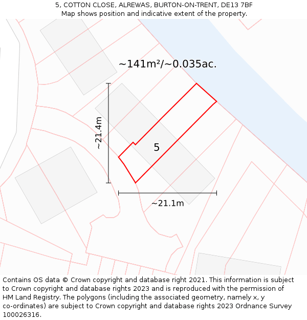 5, COTTON CLOSE, ALREWAS, BURTON-ON-TRENT, DE13 7BF: Plot and title map