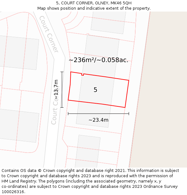 5, COURT CORNER, OLNEY, MK46 5QH: Plot and title map