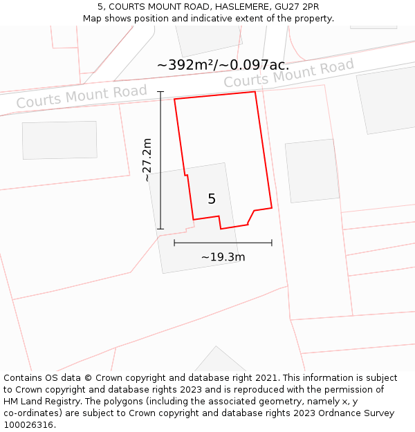 5, COURTS MOUNT ROAD, HASLEMERE, GU27 2PR: Plot and title map