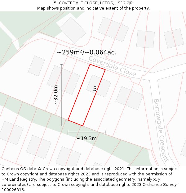 5, COVERDALE CLOSE, LEEDS, LS12 2JP: Plot and title map