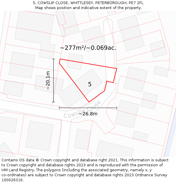 5, COWSLIP CLOSE, WHITTLESEY, PETERBOROUGH, PE7 2FL: Plot and title map