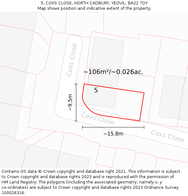 5, COXS CLOSE, NORTH CADBURY, YEOVIL, BA22 7DY: Plot and title map