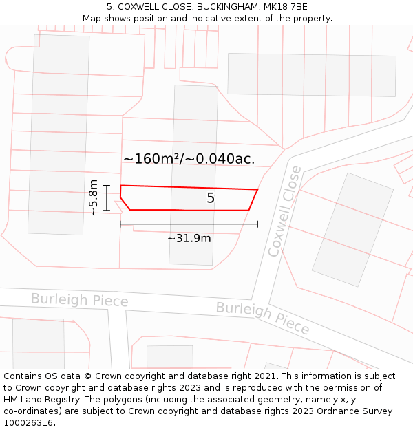 5, COXWELL CLOSE, BUCKINGHAM, MK18 7BE: Plot and title map