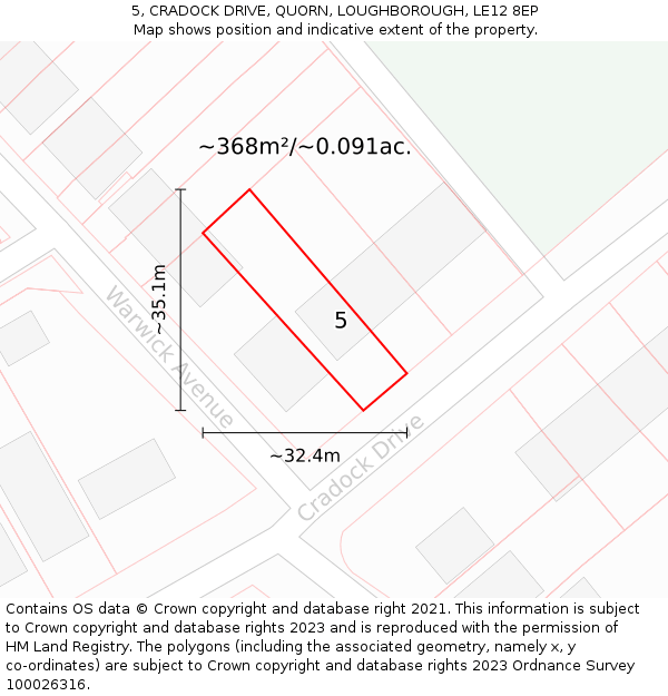 5, CRADOCK DRIVE, QUORN, LOUGHBOROUGH, LE12 8EP: Plot and title map