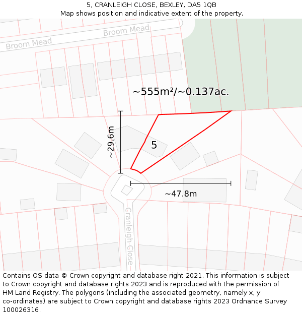 5, CRANLEIGH CLOSE, BEXLEY, DA5 1QB: Plot and title map