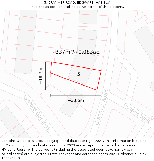 5, CRANMER ROAD, EDGWARE, HA8 8UA: Plot and title map