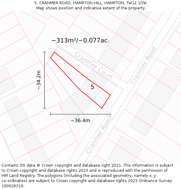 5, CRANMER ROAD, HAMPTON HILL, HAMPTON, TW12 1DW: Plot and title map