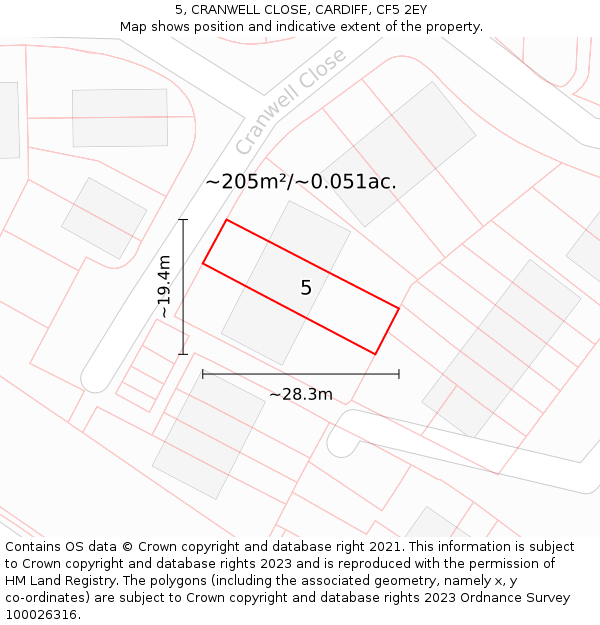 5, CRANWELL CLOSE, CARDIFF, CF5 2EY: Plot and title map