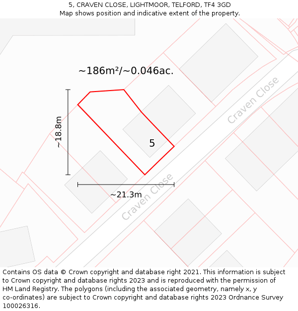5, CRAVEN CLOSE, LIGHTMOOR, TELFORD, TF4 3GD: Plot and title map